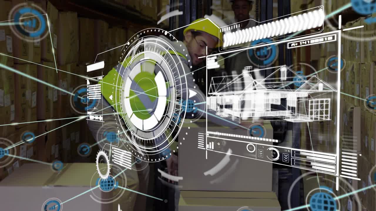 Animation af databehandling og et netværk af ikoner over en mandlig medarbejder, der stabler kasser i en gaffeltruck