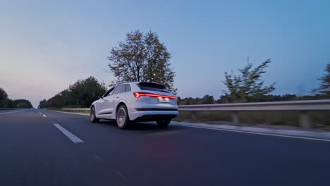 Audi E-Tron first all-electric SUV car. Presentation of a new car model