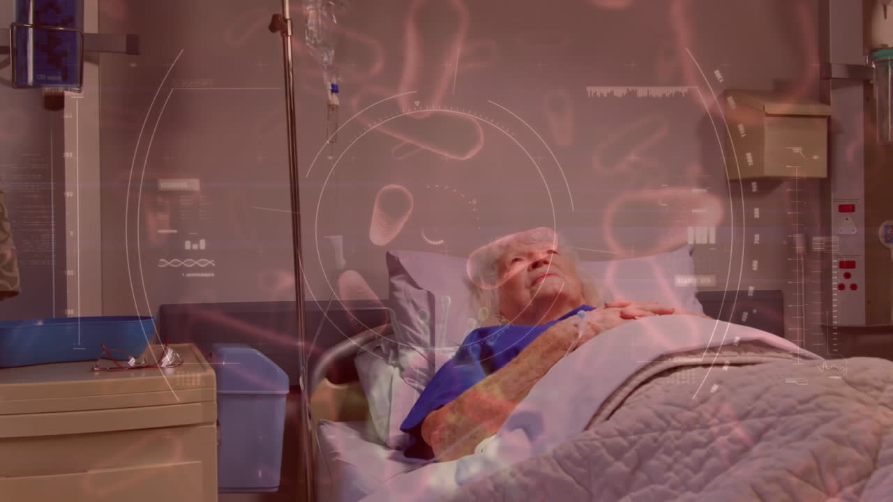 covid-19 se extiende sobre una paciente de edad avanzada acostada en una cama de hospital en el fondo