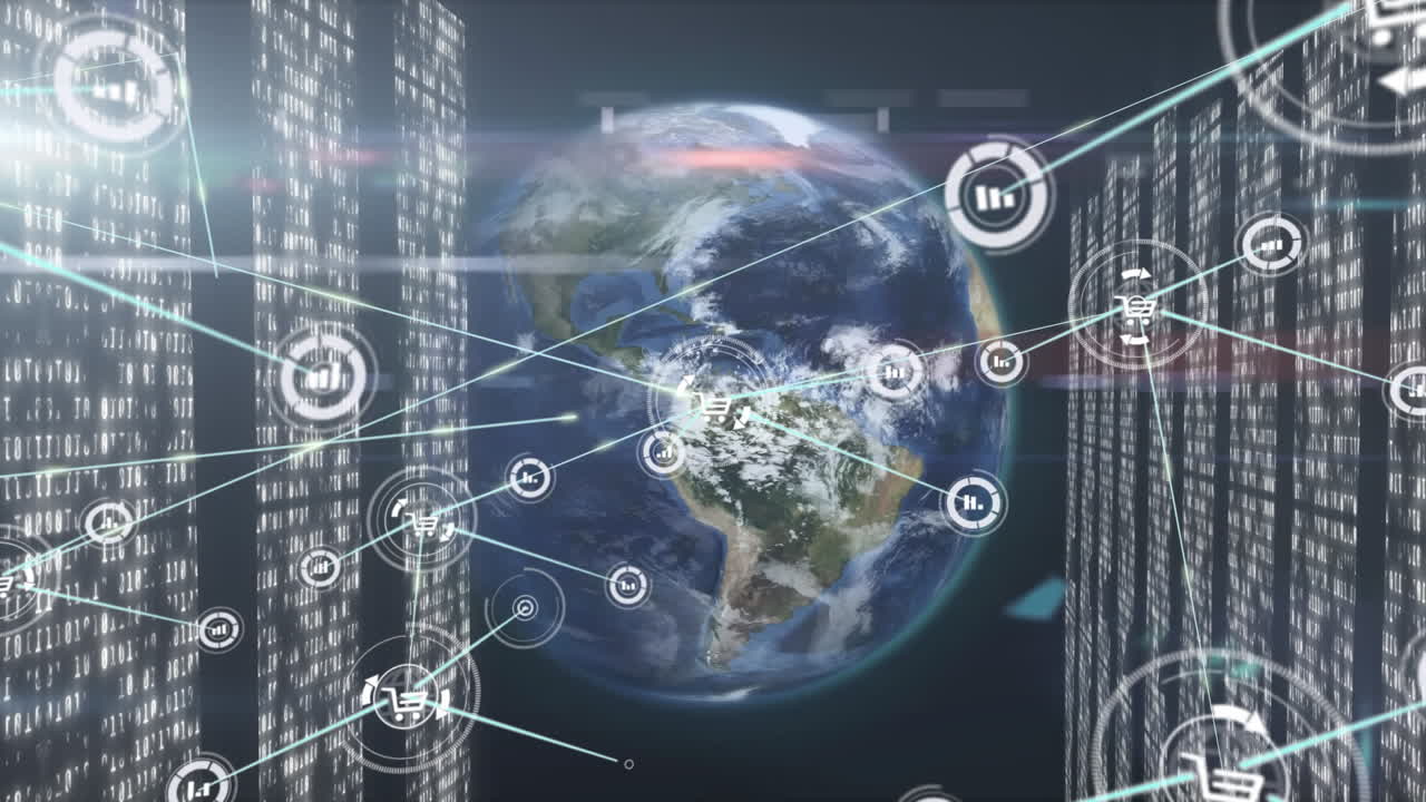 Animation of globe, network of connections with icons over computer servers