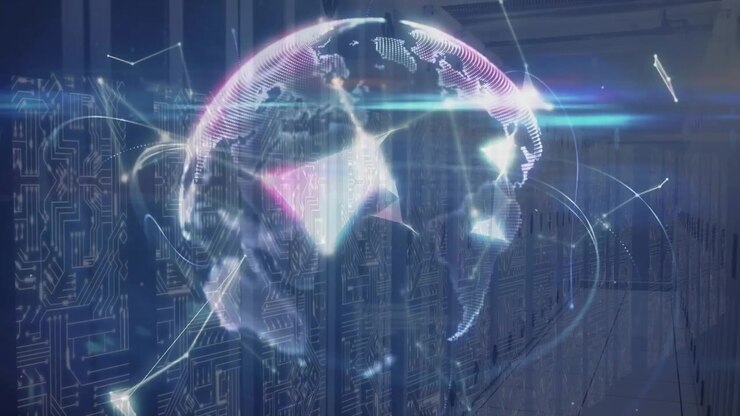 Animation of shapes and rotating globe over servers