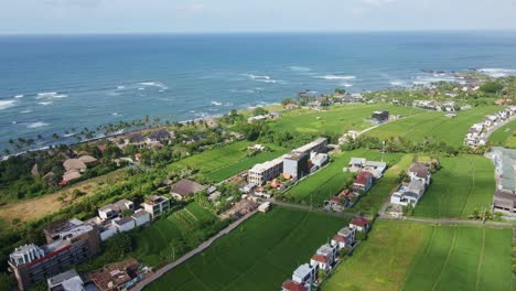 aerial view of coastal landscape with rice fields and ocean
