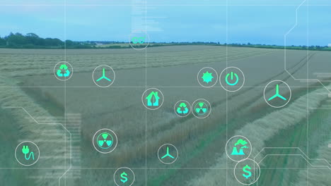 animation of digital icons and data processing over field