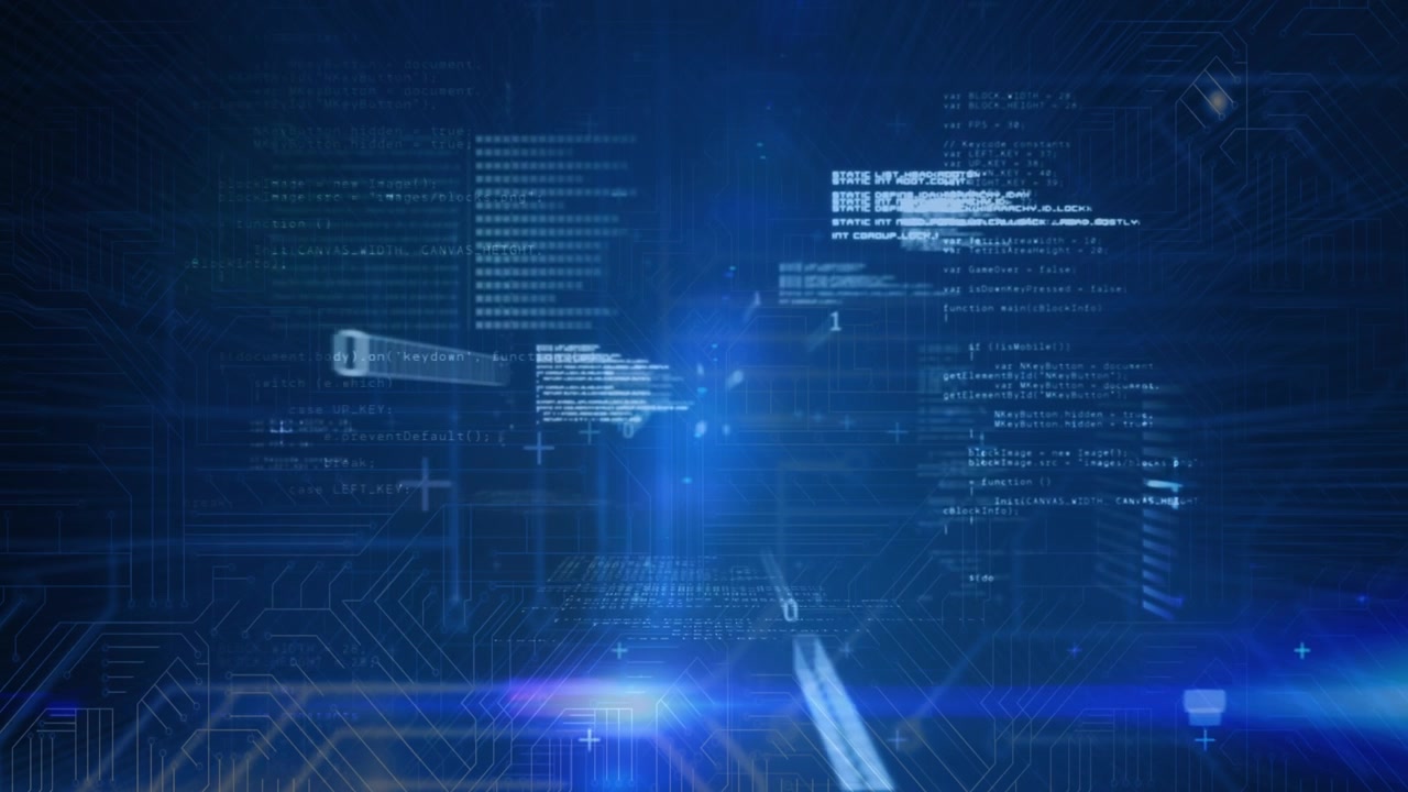 Animation of data processing and binary coding over blue background