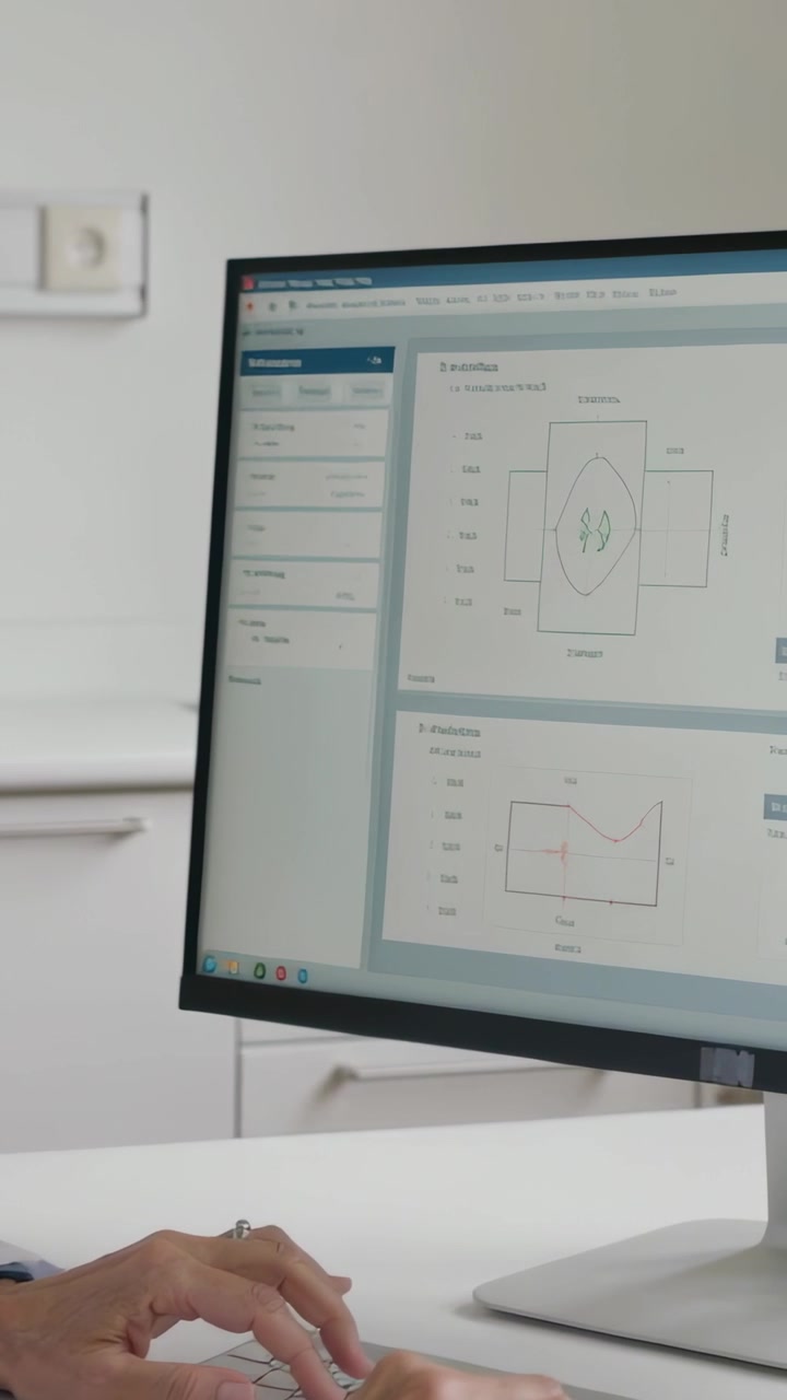 Vertical video: Typing Dr on seeing charts on screen at desk using keyboard in lab coat, copy space