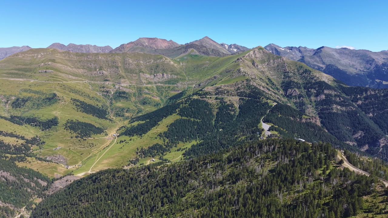 Green Pyrenees mountain valley with pine forest slopes, winding mountain road and rocky peaks under clear blue sky in Andorra
