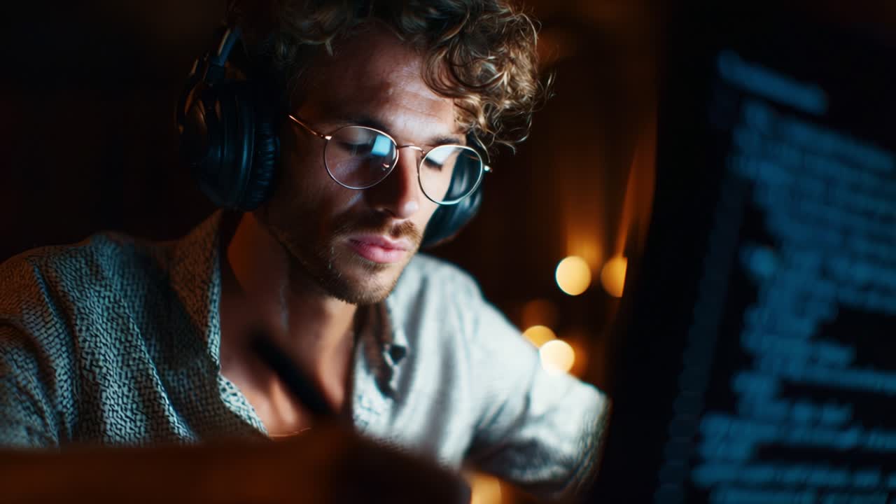 Focused Young Man Working Late at Night, Wearing Headphones and Glasses, Engaged in a Complex Task on His Computer with Soft Background Lighting and Code on Screen