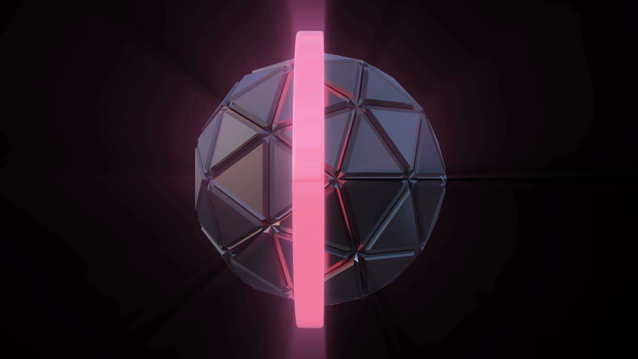 giro de una bola geométrica futurista construida a partir de triángulos con canal alfa. órbita de neón moviéndose alrededor de la esfera. patrón sin costuras.