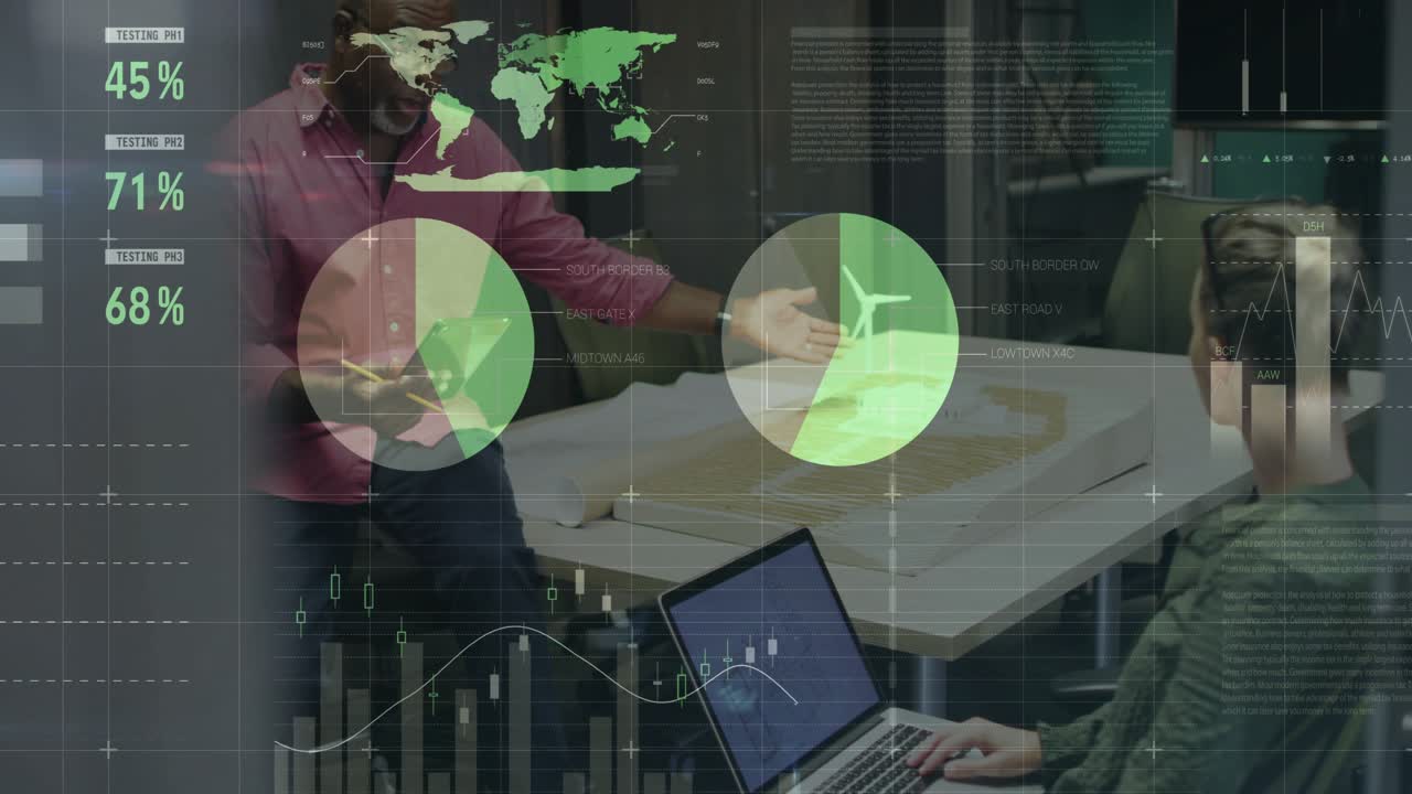 Senior consultant swiping transparent glass panel pie charts guiding manager finance data update