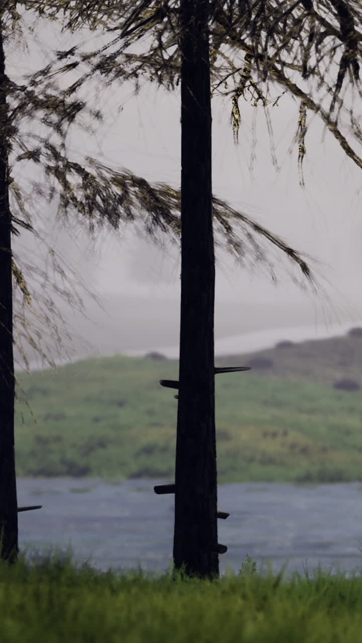 Serene lake view with trees on a misty morning in the countryside
