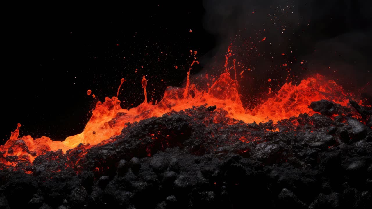 Dramatic close-up video of glowing lava flow against a dark background, captured from a low angle