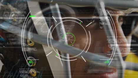 Animation of scope scanning over data processing against african american male rugby player