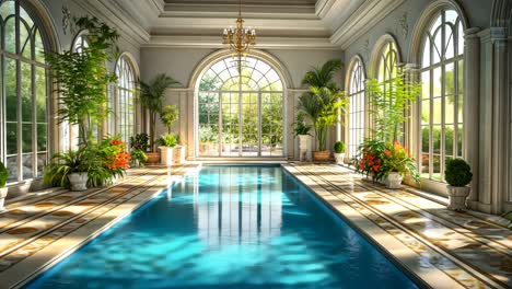 elegant indoor pool surrounded by lush greenery and natural light