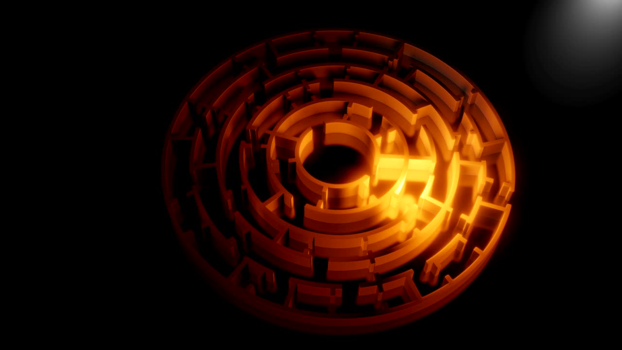 3D circular maze with a bright red flash on a dark background