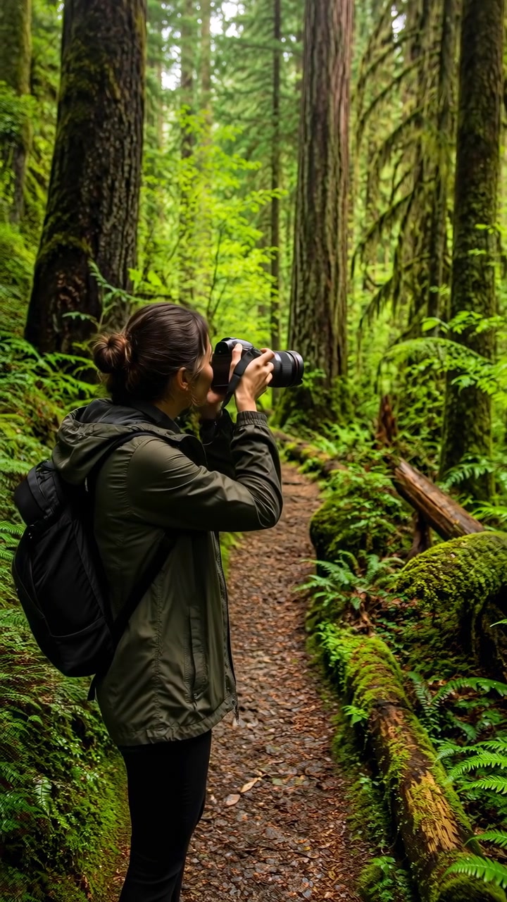 Young woman with backpack and olive jacket stands on narrow mossy trail, lifts camera toward tall conifer canopy, and leans forward with focused posture in soft shaded rainforest light