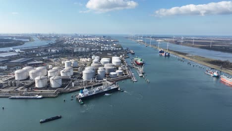 europoort, rotterdam, tank, storage silos, fossil fuels and energy, shipping and transport industry over water. north sea, the netherlands. aerial view.