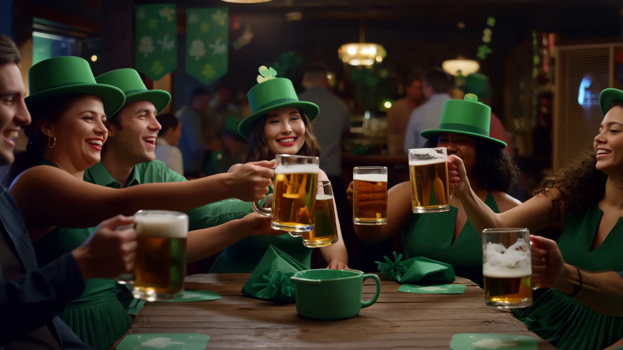 Amici che festeggiano il Giorno di San Patrizio con un brindisi di birra in un pub