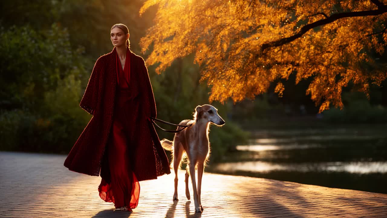 A Serene Autumn Evening: A Woman in a Flowing Red Garment Walks Gracefully with Her Greyhound Dog Along the Water's Edge as Sunlight Filters Through Golden Leaves