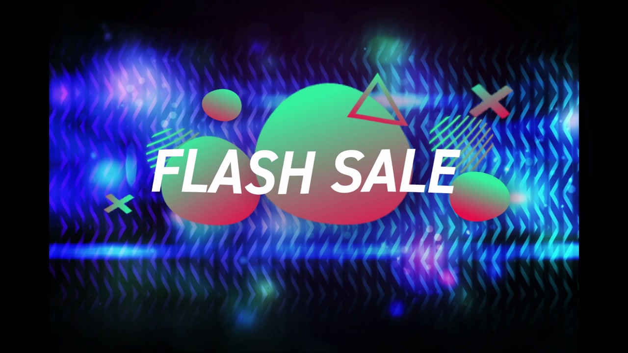 Neon glow pulsing, promo forming, slanted FLASH SALE assembling over gradient blobs announcing sale