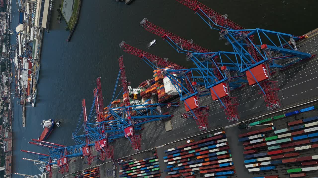 Commercial port of Hamburg, Hamburg, Germany, Circling Top Down Drone
