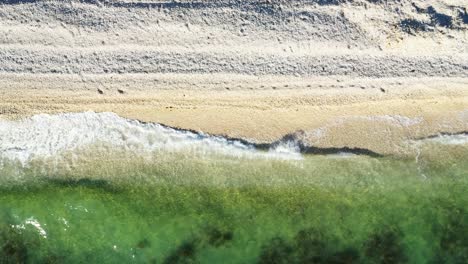 beach on adriatic sea in croatia, aerial overhead view, waves break on natural sand beach