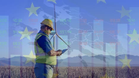 Animación-De-La-Bandera-De-La-Unión-Europea-Sobre-Un-Ingeniero-Usando-Tableta-Y-Turbina-Eólica-En-El-Campo.