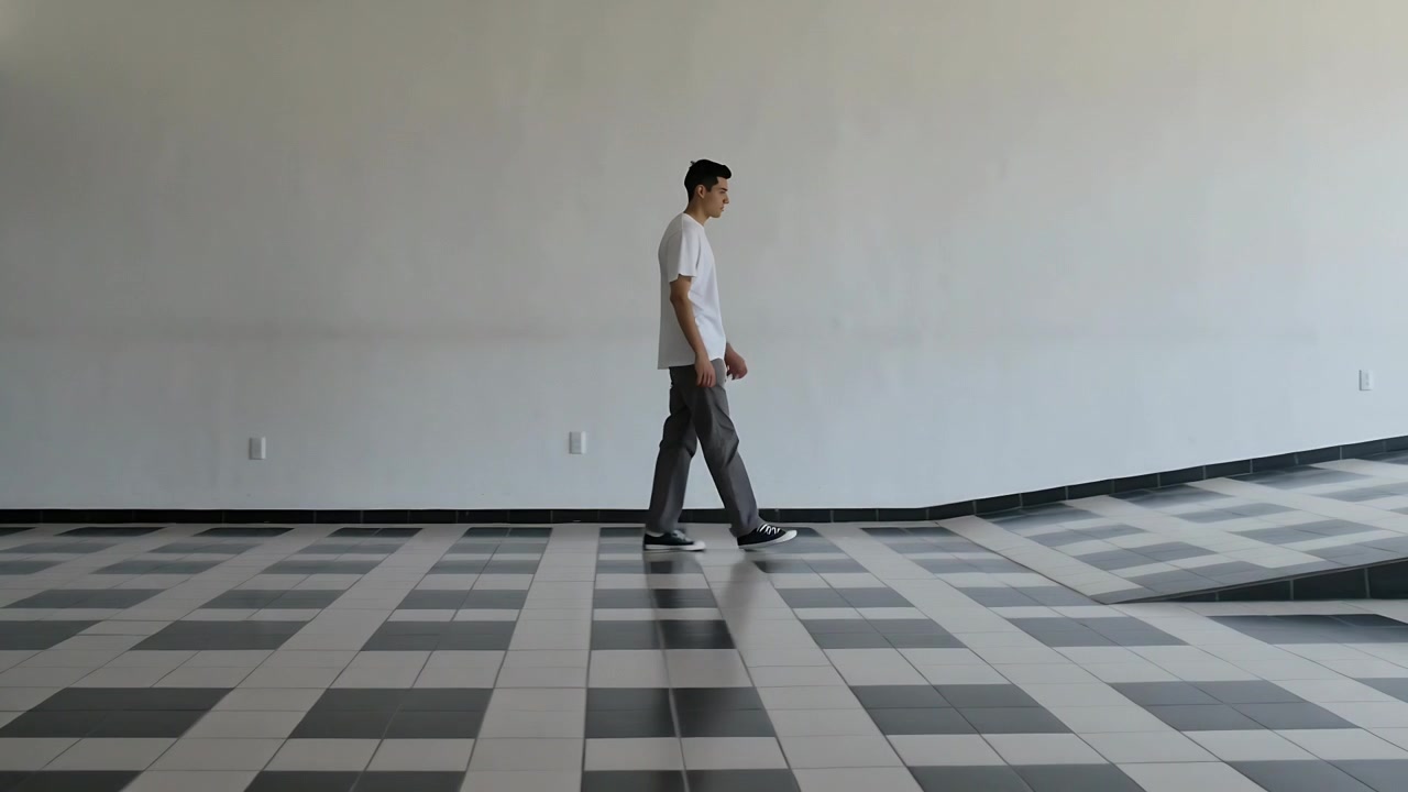 Homem entrando pela esquerda, andando em piso xadrez de saguão, passando por tomadas em direção à rampa, vestindo camiseta branca