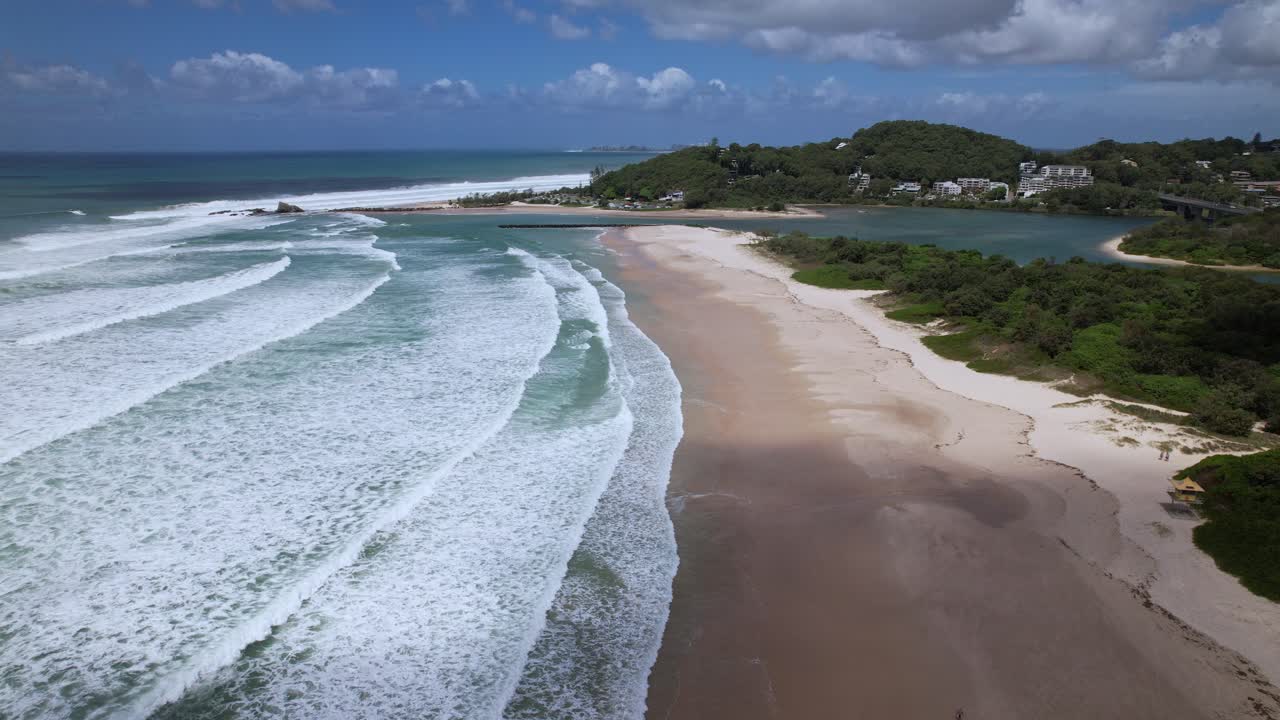 Palm Beach Park And Currumbin Alley During Cyclone Alfred In Currumbin, QLD Australia. Aerial Drone Shot
