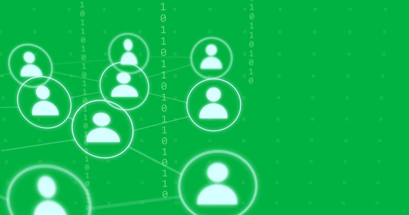 Animation of network of connections with icons over data processing on transparent background