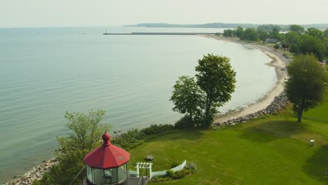 drone shot of the light houses at sodus point new york vacation spot at the tip of land on the banks of lake ontario