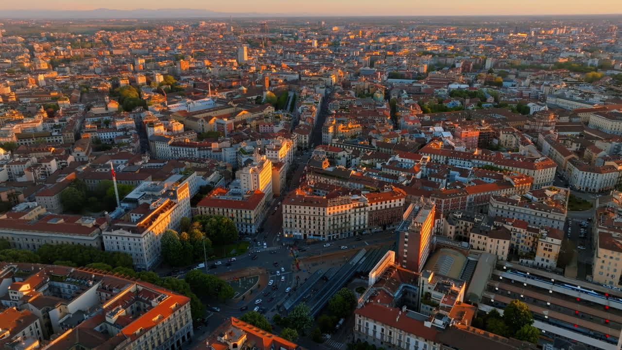 Aerial drone view of the city centre of Milan, Italy on a sunny day