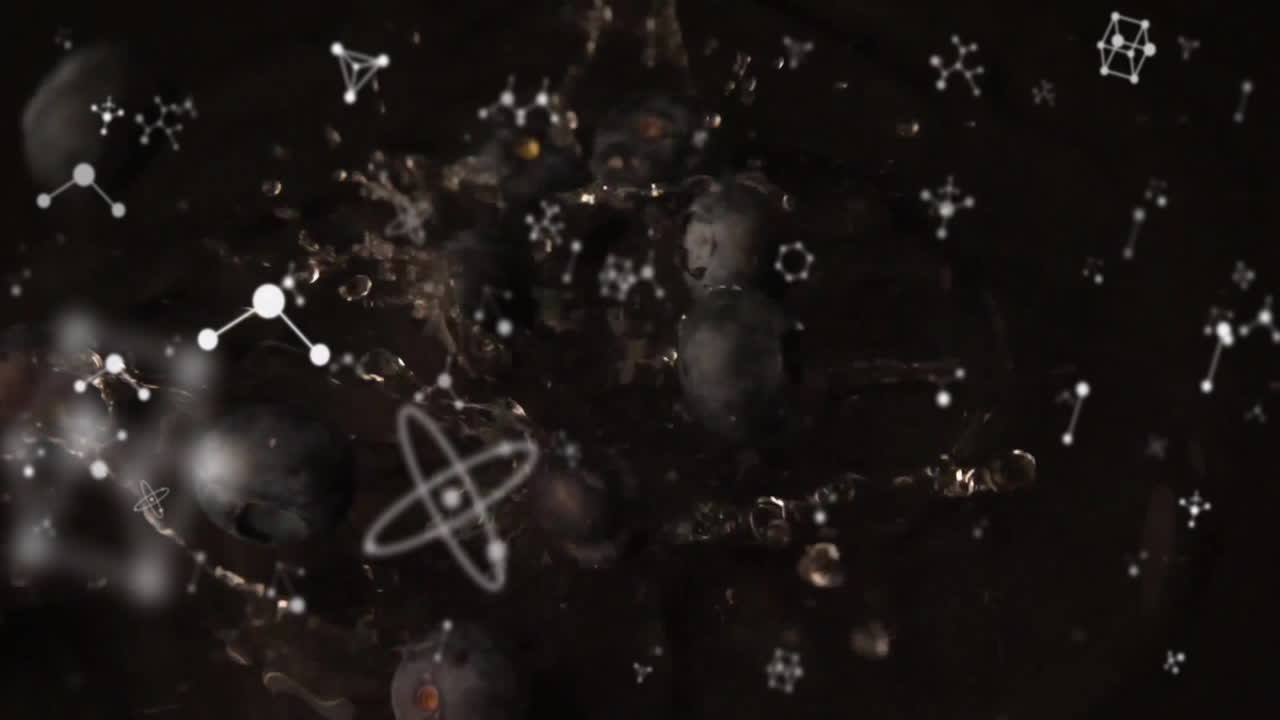 Animation of molecules moving over blueberries in water on black background
