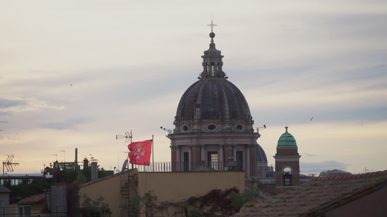Rooftops and Dome of the Church of San Rocco in Rome, Italy