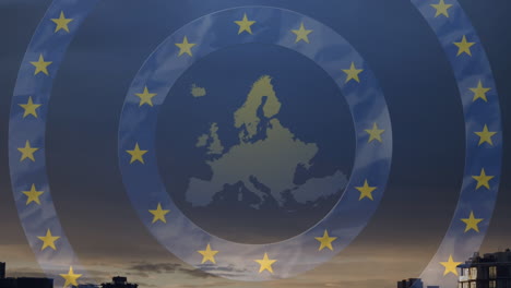 animation of flag of european union over map of europe and landscape