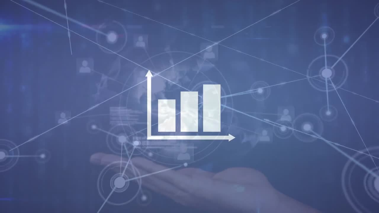 animación de un gráfico estadístico sobre una red de conexiones y un globo en la mano
