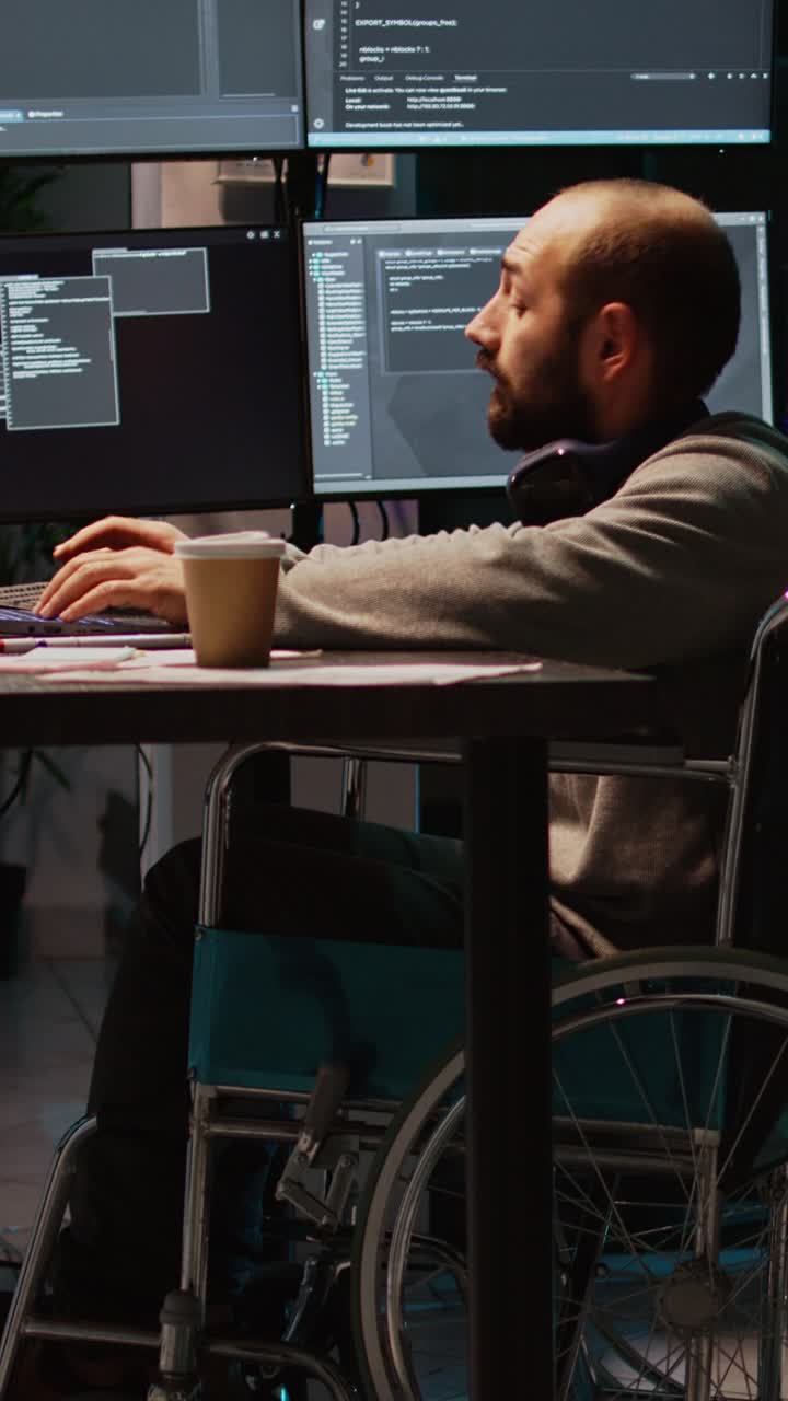 Vertical video: App developer with physical disability working on IT software coding
