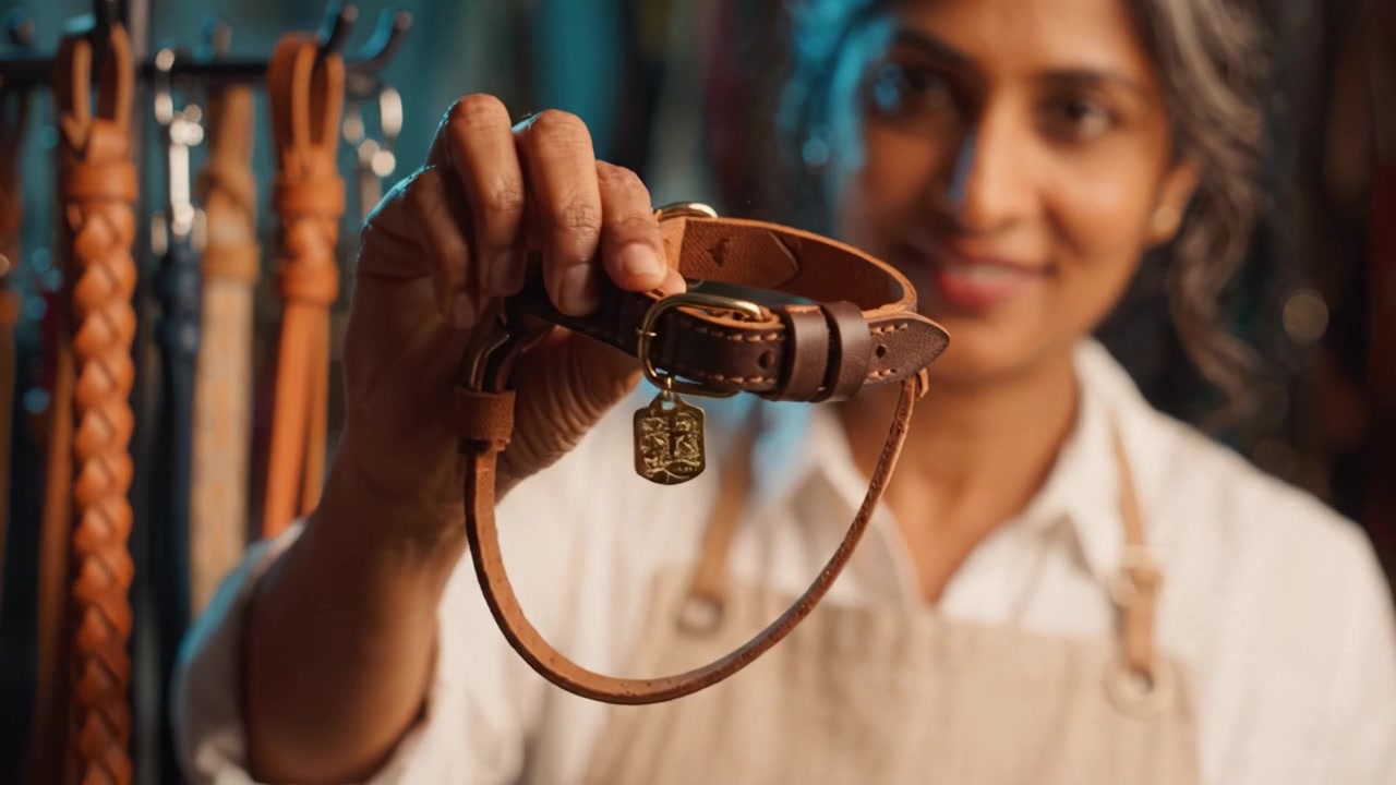 Maestria artigianale: Un artigiano esperto che lavora su accessori in pelle, mostrando tecniche dettagliate con strumenti e materiali in un ambiente di studio creativo