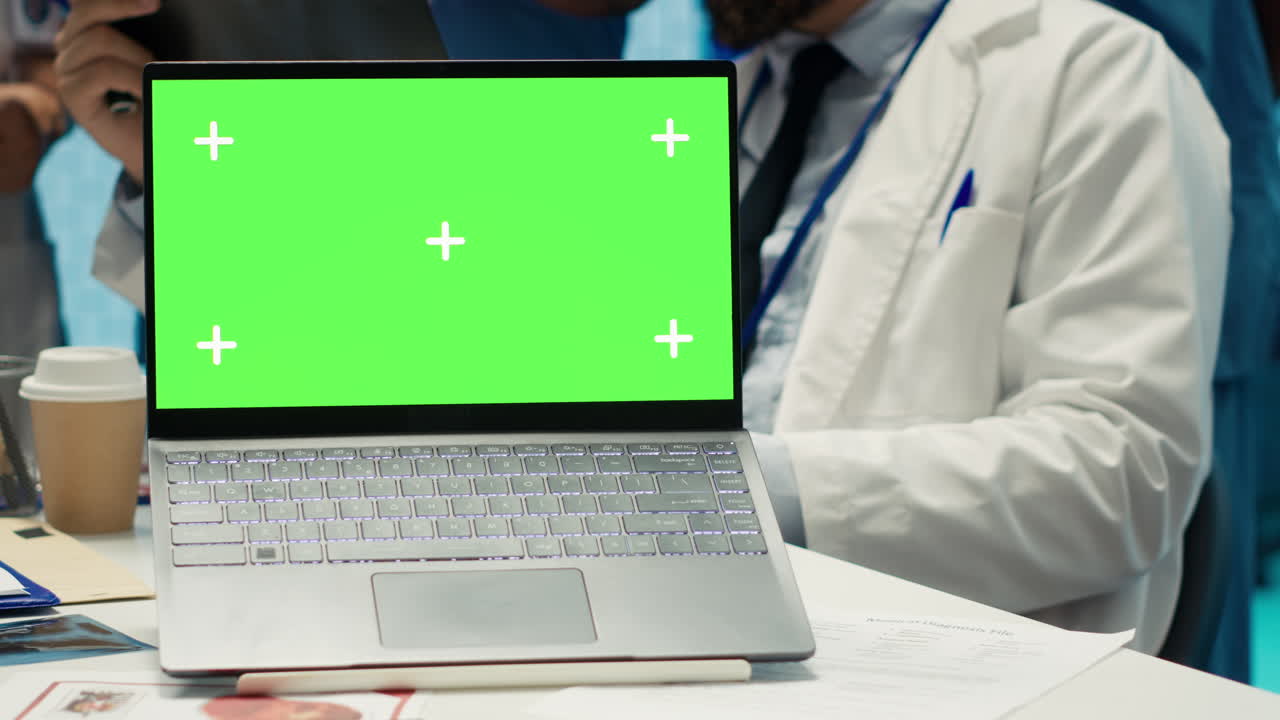 Laptop with green screen in a medical setting