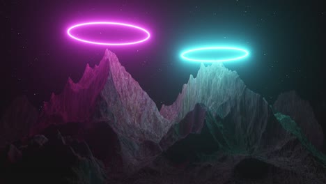 beautiful minimalist fantastic landscape. bright neon circles among the mountains against the background of a rotating night starry sky. seamless loop 3d render. blue pink spectrum