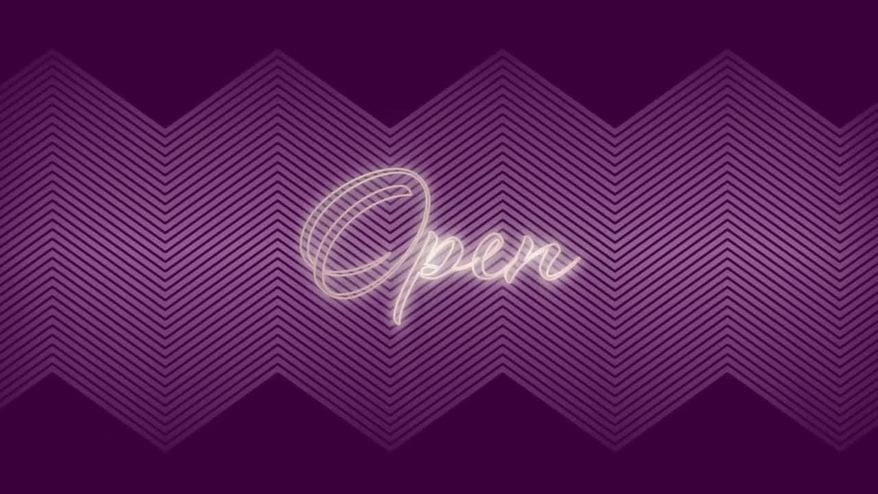 Animazione di testo neon "open" su sfondo viola con motivo a zig zag