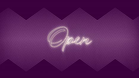Animation-of-open-neon-text-on-purple-zig-zag-pattern-background