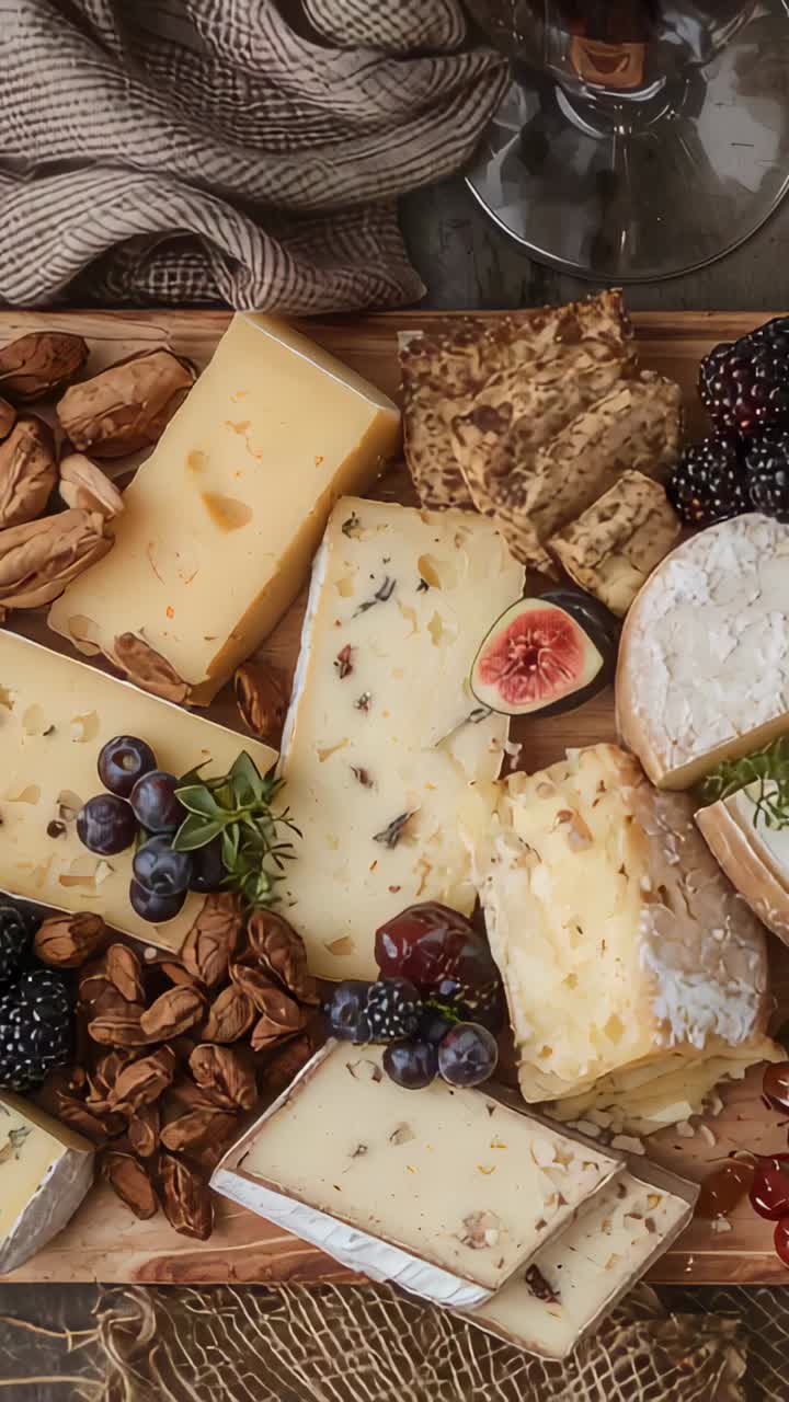 Vidéo verticale : caméra en mouvement centrant un plateau de fromages sur une table, présentant des fromages et un verre de vin