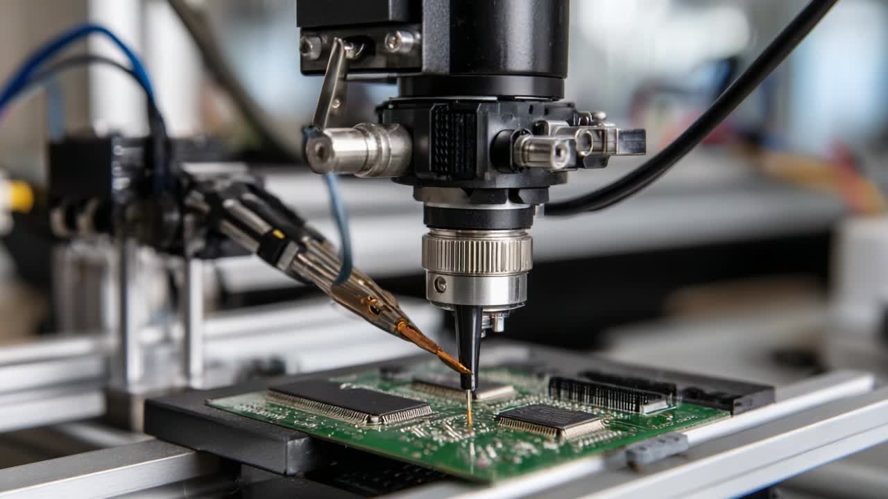 Precision Engineering in Action: Close-Up of a Soldering Process on a Circuit Board, Showcasing Advanced Technology in Electronics Manufacturing and the Intricate Details of Soldering Components