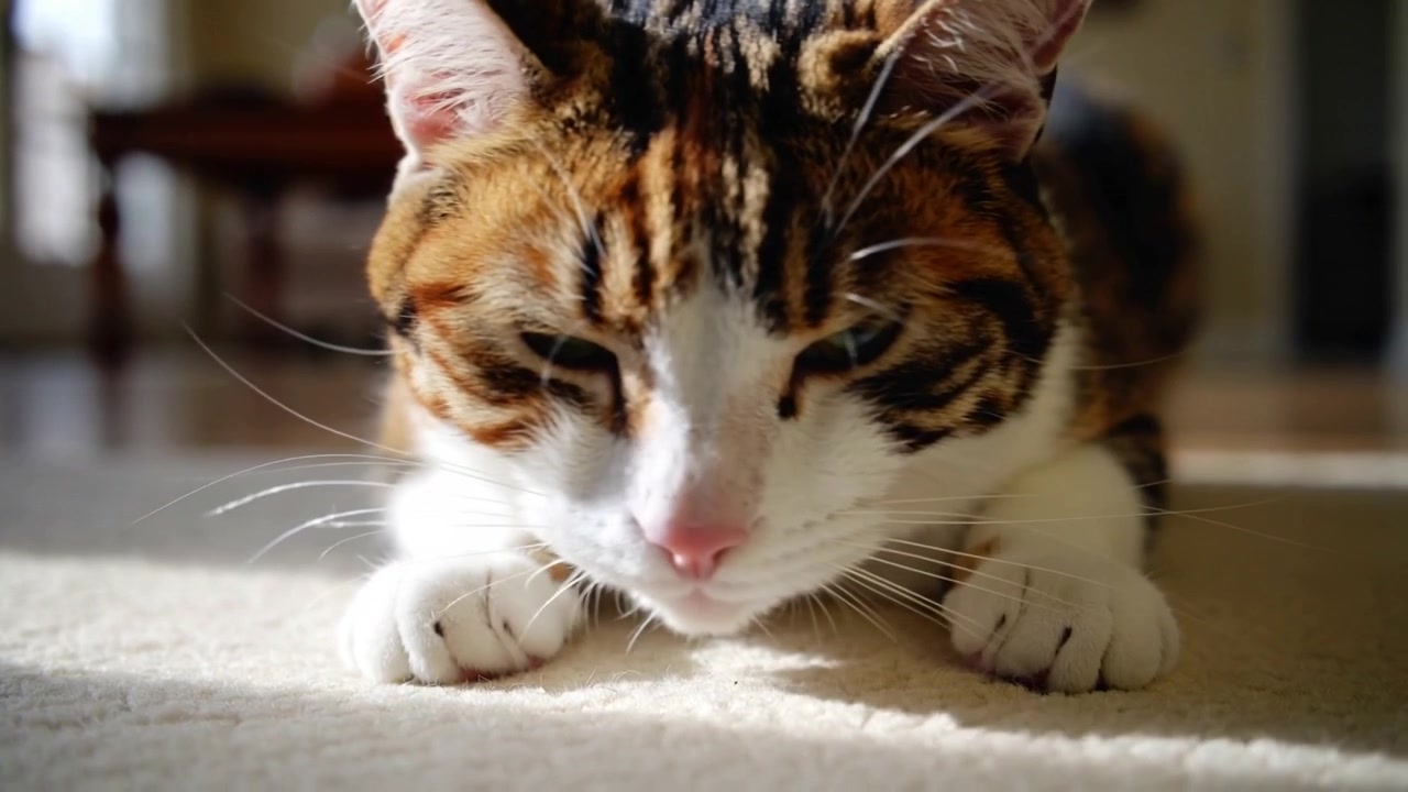 Gato atigrado blanco que se agacha, parpadeando y acurrucándose en un rayo de sol sobre la alfombra en casa, buscando calor.
