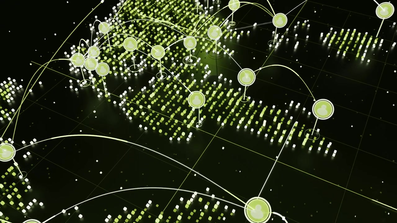 Seeding glowing nodes map forming columns over grid spawning markers linking hubs building network