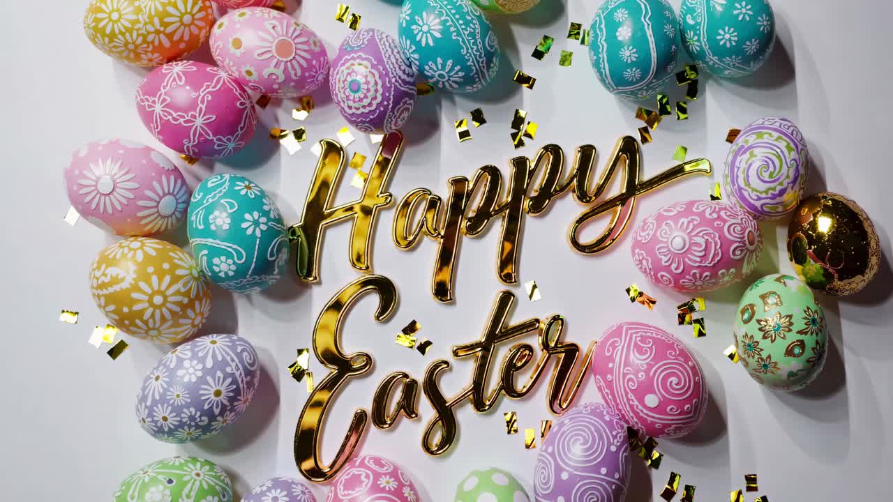 Top-down view of colorful Easter eggs arranged in a circle with 'Happy Easter' text in gold