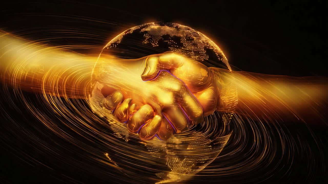 Glowing golden handshake over a digital Earth, symbolizing a global business partnership agreement, international cooperation, and a successful deal with futuristic lines of light swirling around
