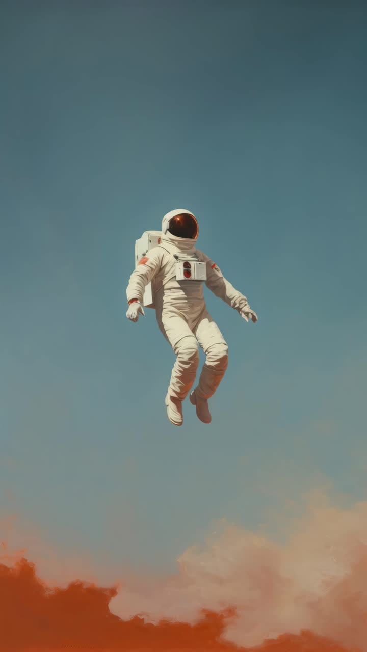 Un fotogramma video di un astronauta che fluttua a mezz'aria con un cielo blu sullo sfondo, ripreso da un angolo basso