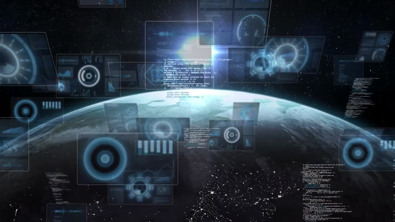 animación de gráficos, radares, lenguaje informático en todo el mundo contra el destello de la lente en el fondo.