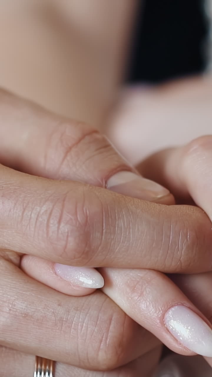 Newlywed wife and husband join hands interlacing fingers sitting together closeup. Groom and fiance at wedding ceremony. Love relationship and affection lifestyle